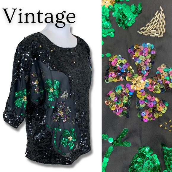 Vintage Green Black Sequin Top Cocktail Night Holiday Party Christmas Indie Alt - Picture 1 of 9